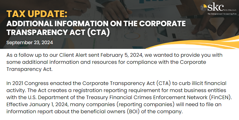 Additional Information on the Corporate Transparency Act (September 2024)