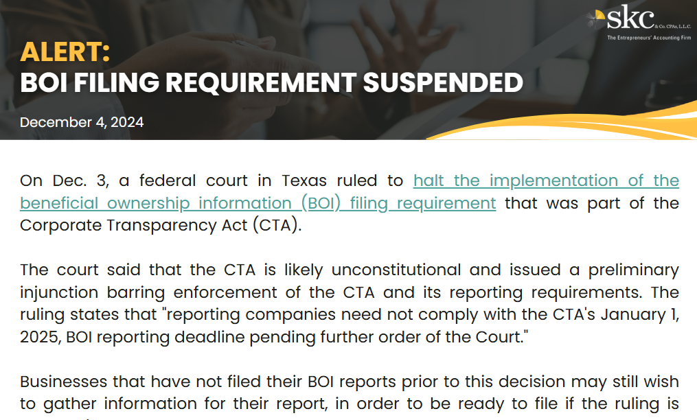 Beneficial Ownership Information (BOI) Reporting Requirement Suspended